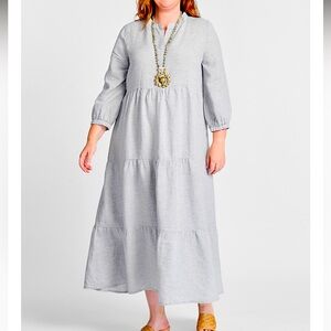 FLAX 100% Linen Gaia Tiered Midi Dress Story Stripe 3/4 Sleeve Women’s Large